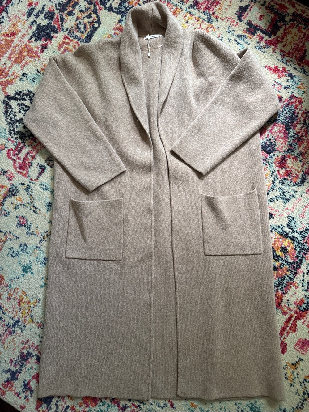 Mango Long Open-Front Cardigan in Light Taupe with Pockets